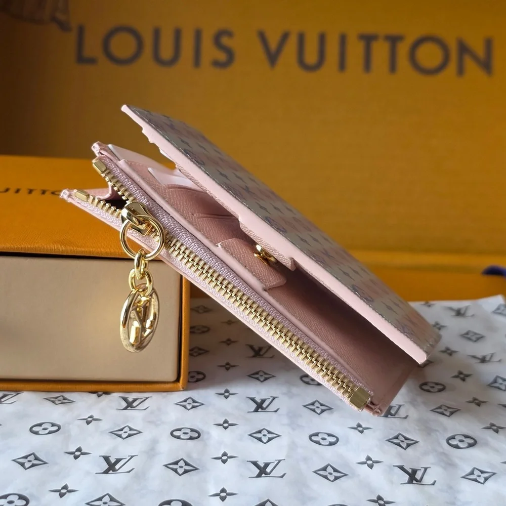Louis Vuitton Pink and Pastel Blue Monogram Zip Card Pouch with Gold LV Charm